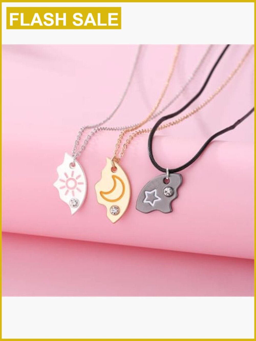 3pc Moon Sun Star Puzzle Matching Necklace Set Gold Silver Best Friend BFF - Picture 2 of 5